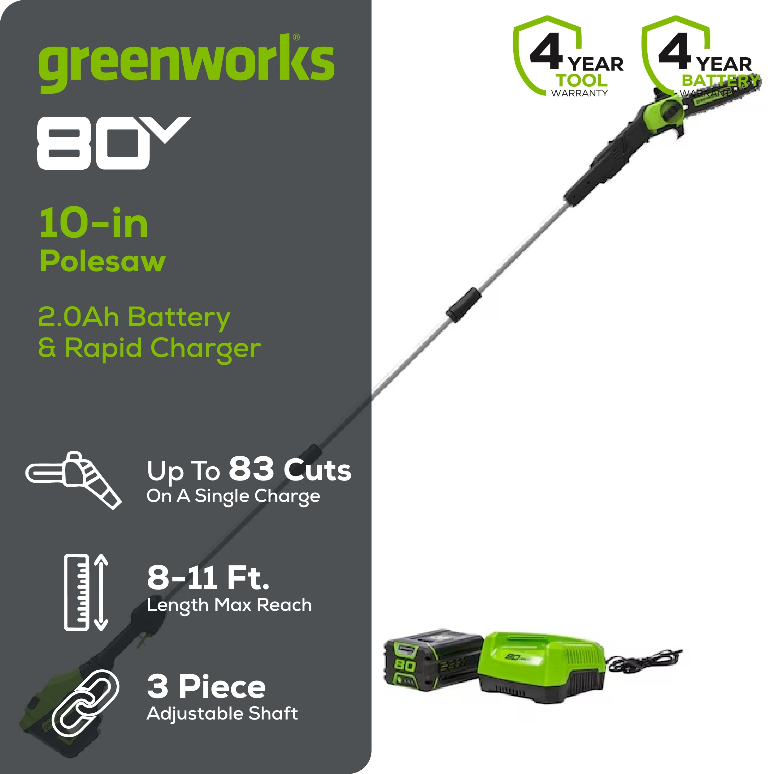 80V 10" Gen2 Cordless Battery Pole Saw w/ 2.0 Ah Battery & Rapid Charger