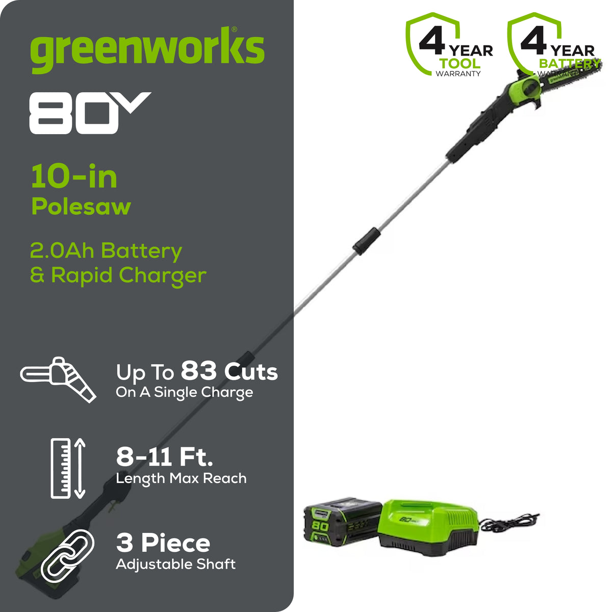 80V 10" Gen2 Cordless Battery Pole Saw: 2.0 Ah Battery and Rapid Charger