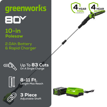 80V 10" Gen2 Cordless Battery Pole Saw w/ 2.0 Ah Battery & Rapid Charger