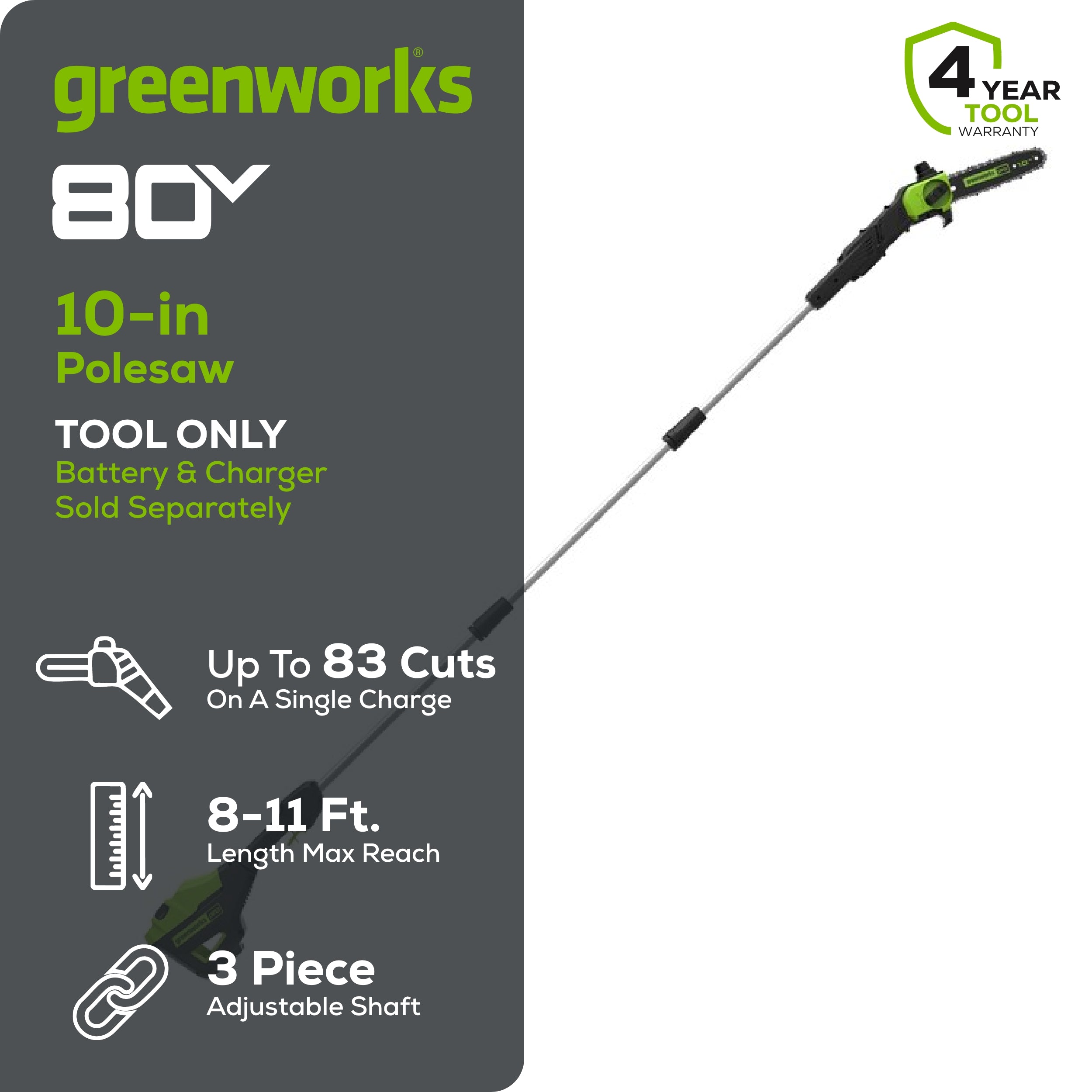 80V 10" Gen2 Cordless Battery Pole Saw (Tool Only)