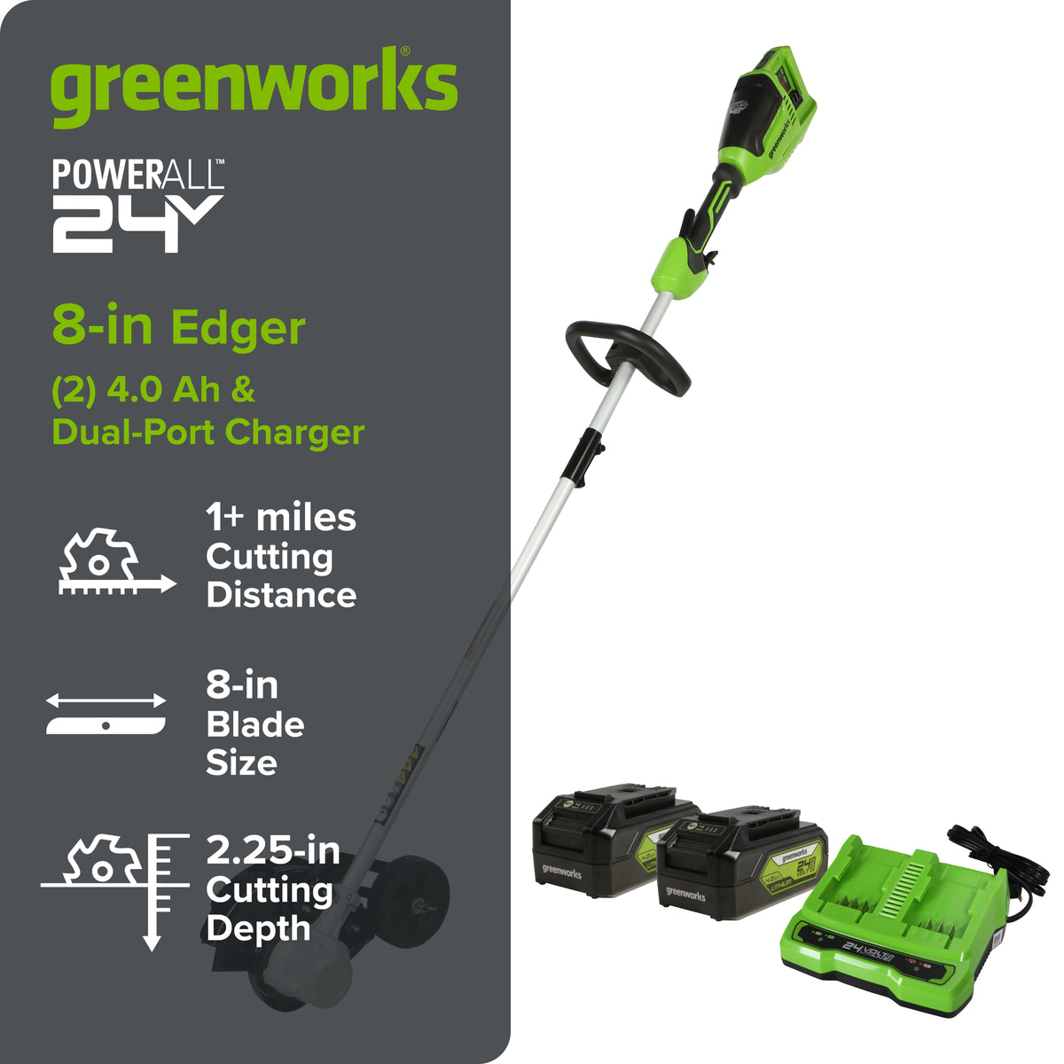 48V (24V x 2) 8" Brushless Cordless Edger: (2) 4.0 Ah USB Batteries and (1) 4A Dual-Port Charger