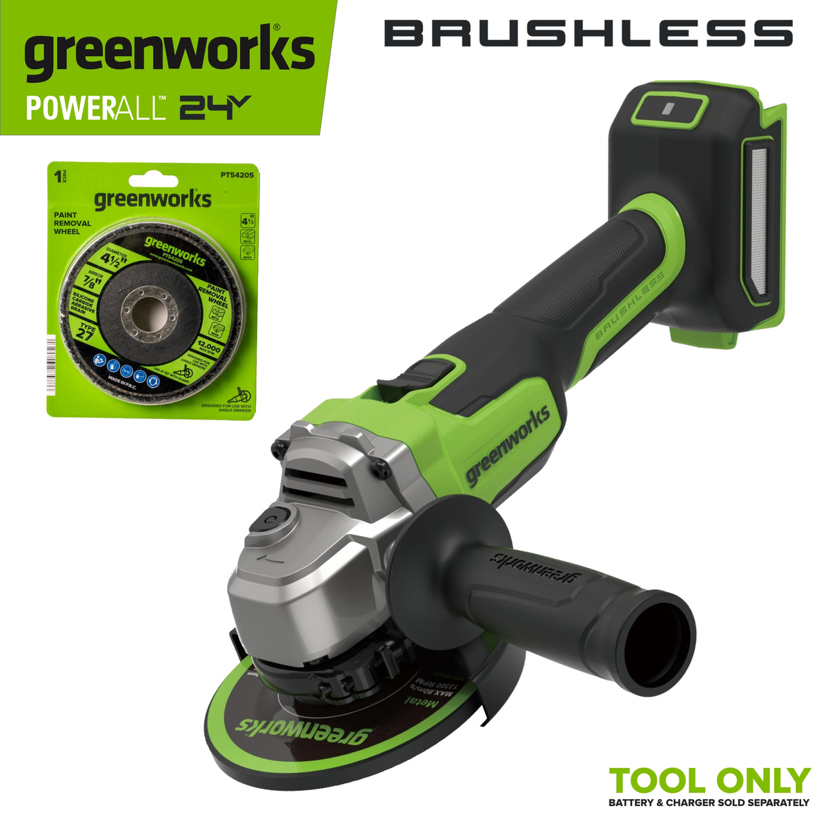 24V PowerAll Brushless 4-1/2" Angle Grinder with Paint Removal Wheel & Accessories (Tool Only)
