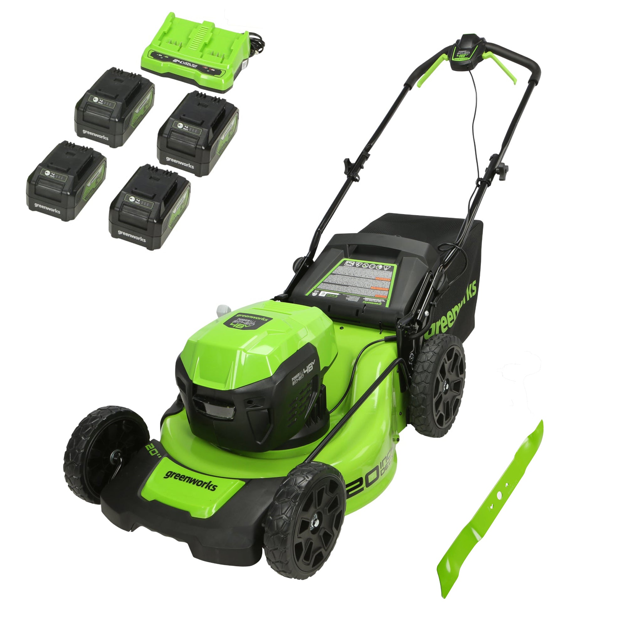 48V (24V x 2) 20" BL Cordless Battery 4-in-1 Push Mower: (4) 4.0Ah Batteries, (1) 4A Dual Port Fast Charger, (1) 20" Hi Lift Blade, LM2002