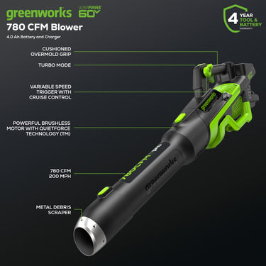 Pro 60V 780CFM Cordless Battery Leaf Blower w/ 4Ah Battery & Charger