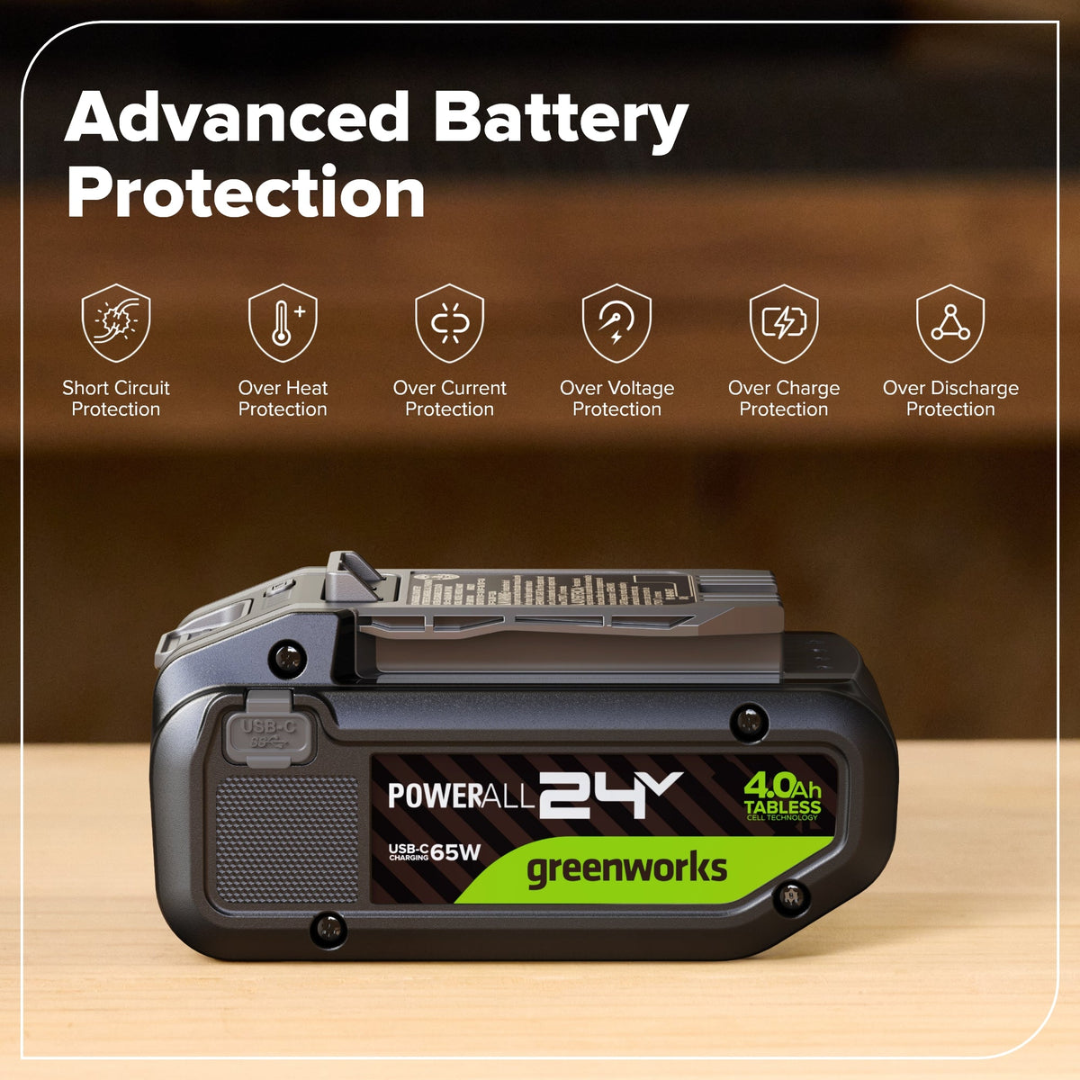 24V 4.0Ah Tabless Battery with Bi-Directional USB-C Port | Greenworks Tools