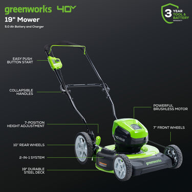 40V 19” Cordless Battery Push Lawn Mower w/ 5.0Ah USB Battery & Charger