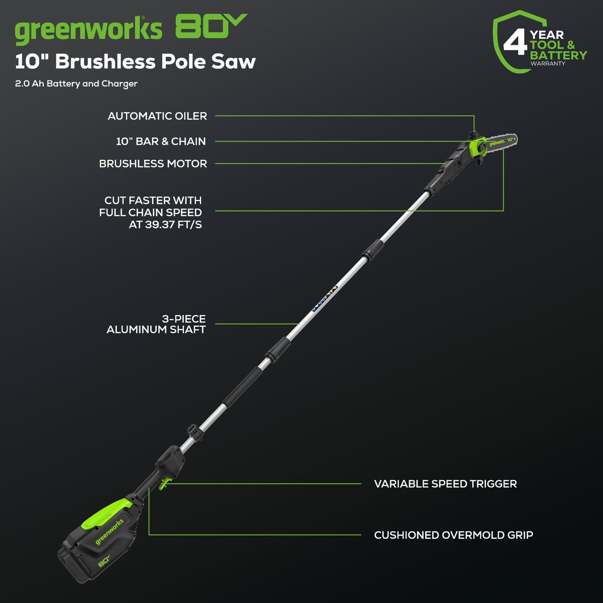 80V Pro 10" Cordless Battery Pole Saw w/ 2.0Ah Battery & Charger