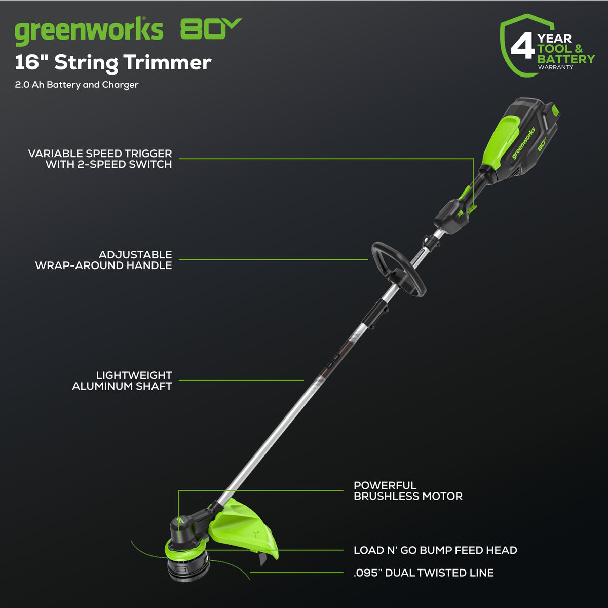 80V 16" Cordless Brushless String Trimmer w/ 2.0Ah Battery & 2Amp Charger
