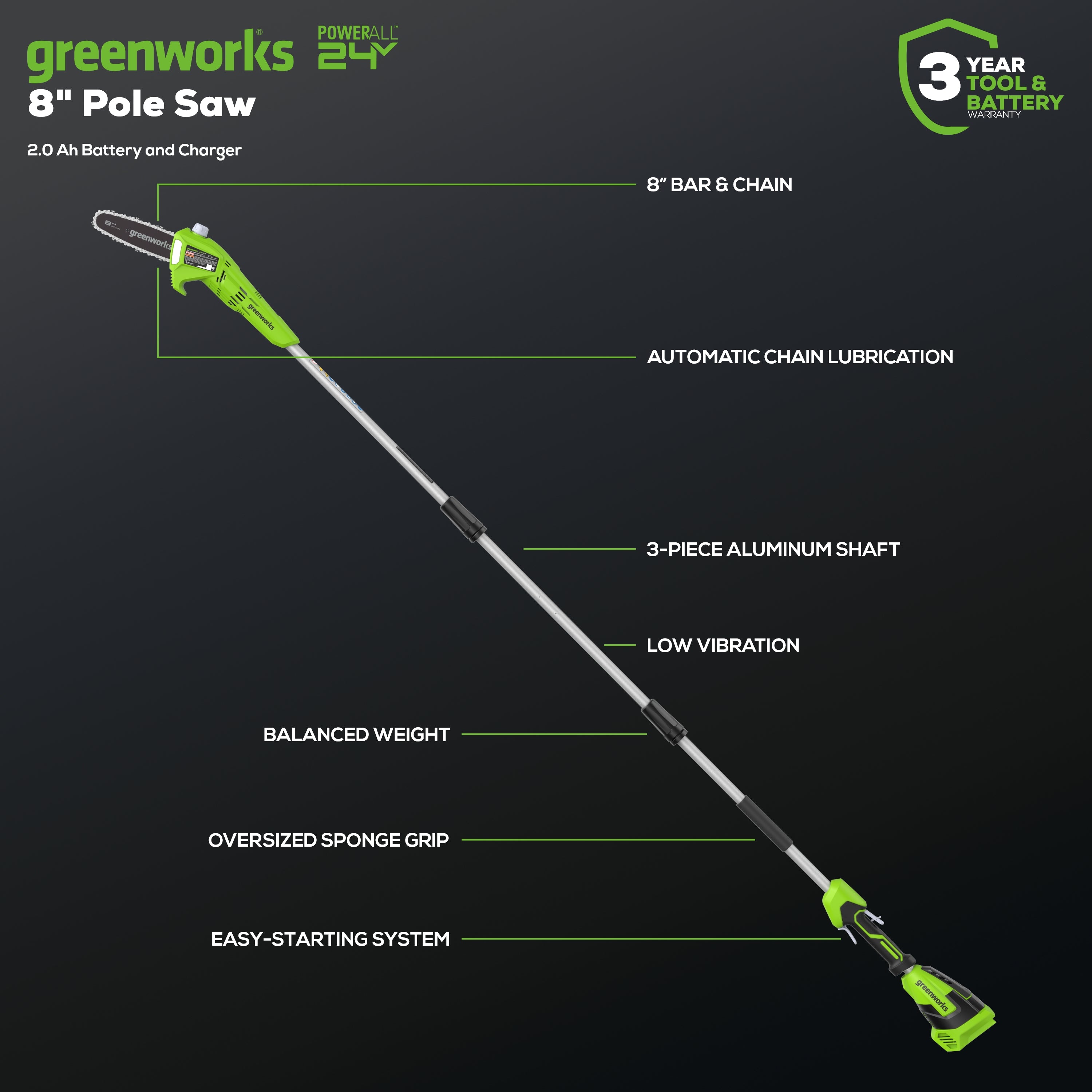 24V 8" Cordless Battery Pole Saw w/ 2.0 Ah Battery & Charger