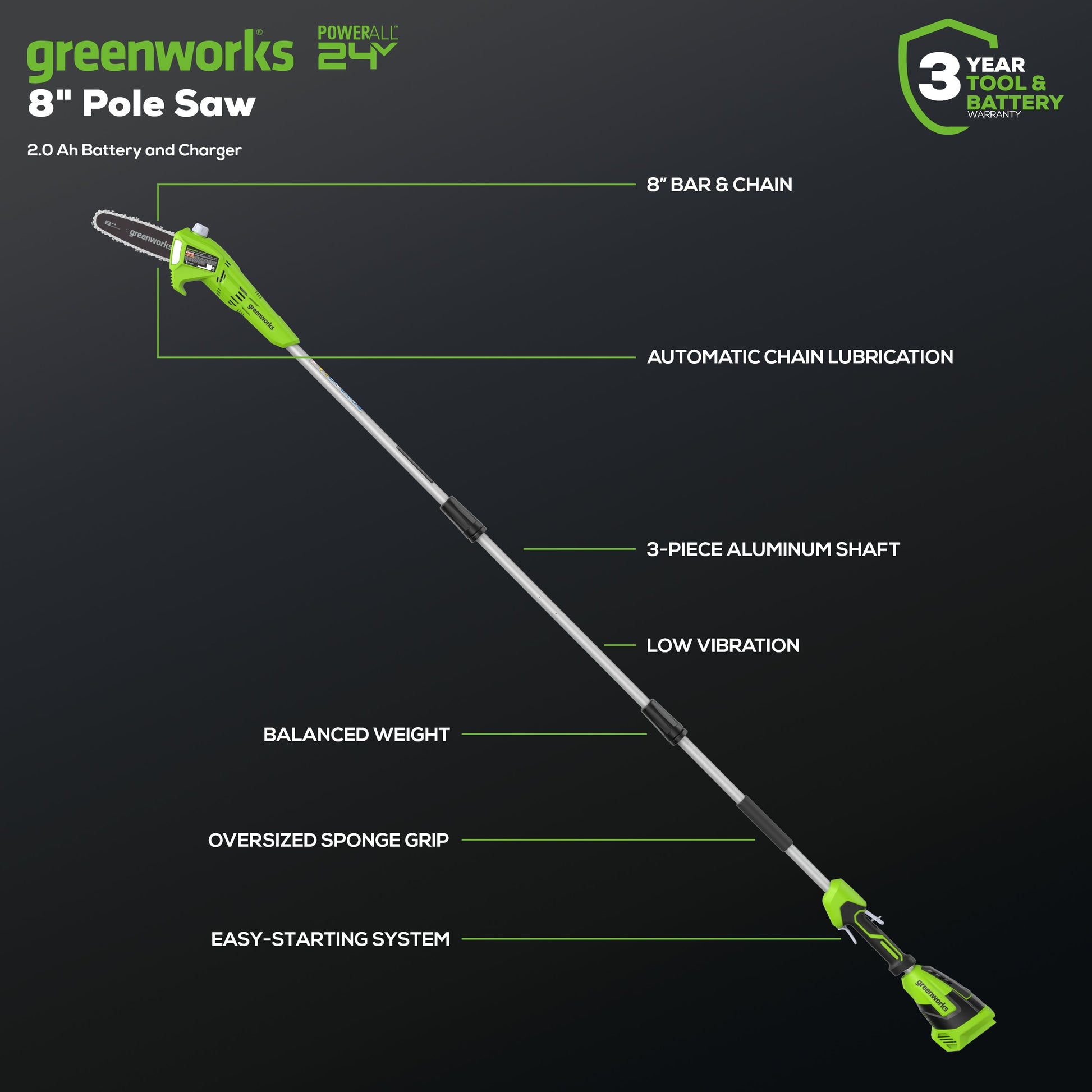 24V 8" Cordless Battery Pole Saw w/ 2.0 Ah Battery & Charger