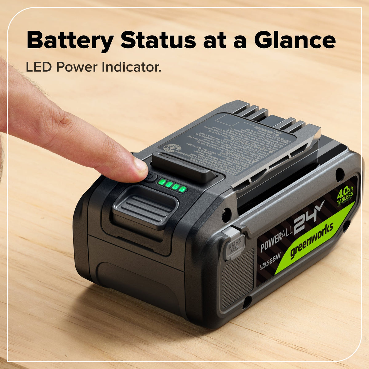 24V 4.0Ah Tabless Battery with Bi-Directional USB-C Port | Greenworks Tools
