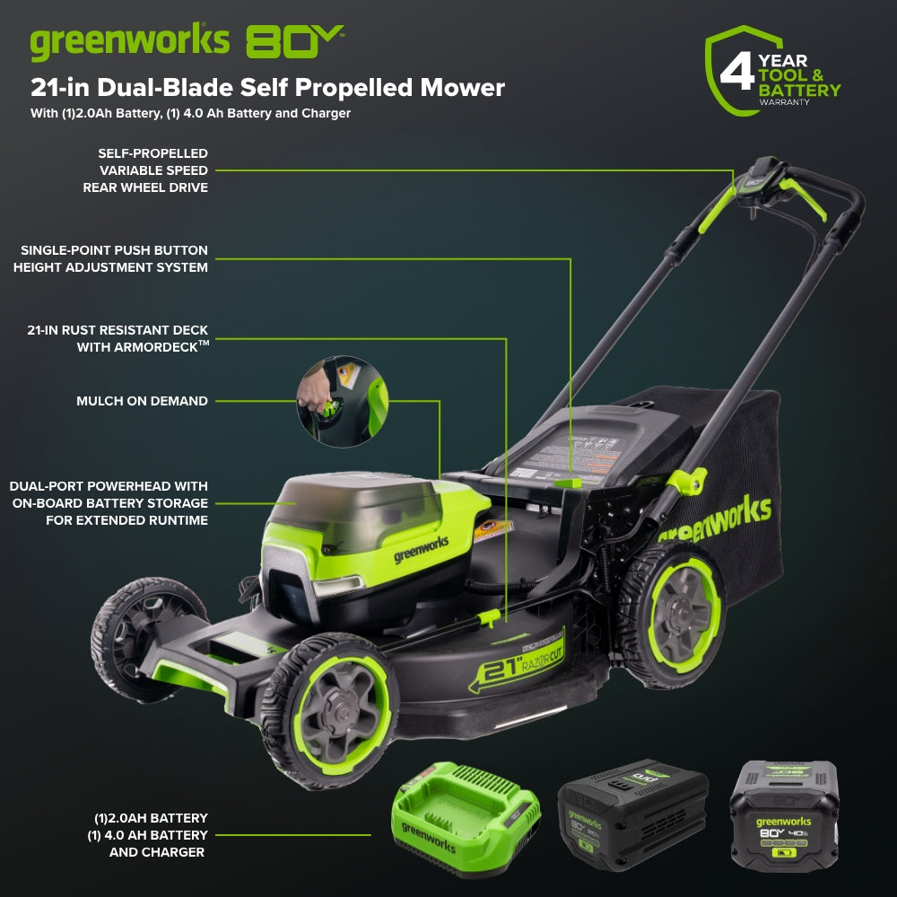 80V 21" Cordless Battery 4-in-1 Self-Propelled Mower: (1) 4.0Ah,(1) 2.0Ah Batteries & 2A Charger