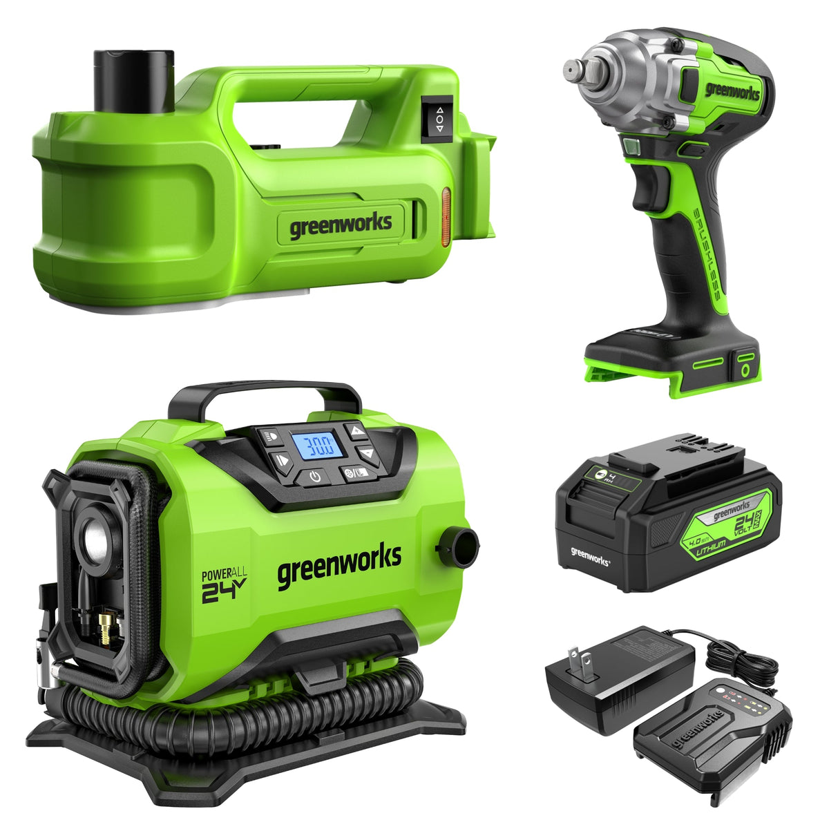 24V Cordless Battery Tire Change 3-pc Combo Kit: 4.0 Ah Battery and Charger