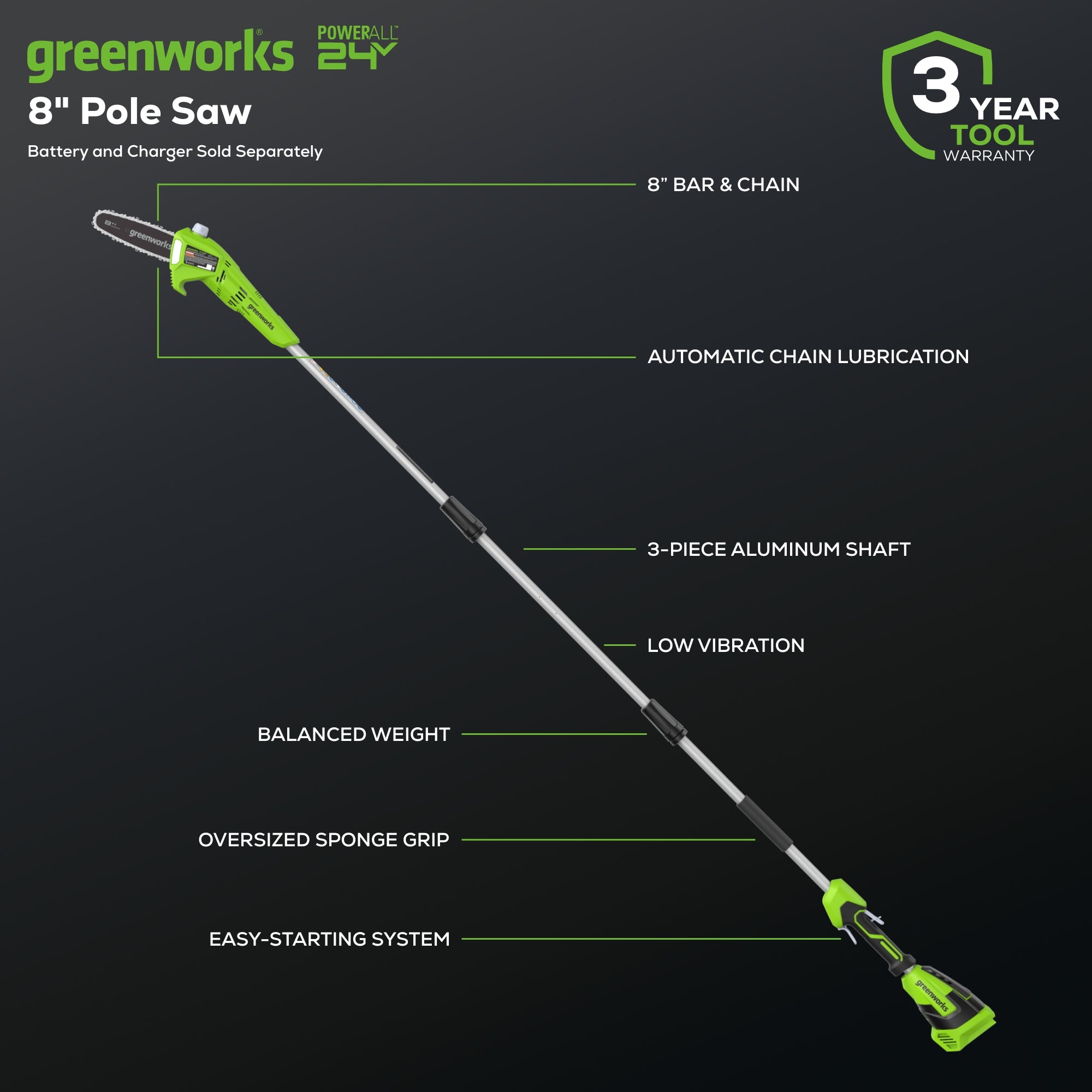 24V 8" Cordless Battery Pole Saw (Tool Only)