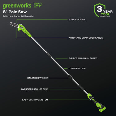 24V 8" Cordless Battery Pole Saw (Tool Only)