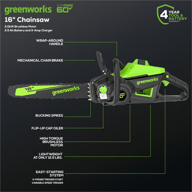 60V 16" Cordless Battery 2.0kW Chainsaw w/ 2.5Ah Battery & Charger
