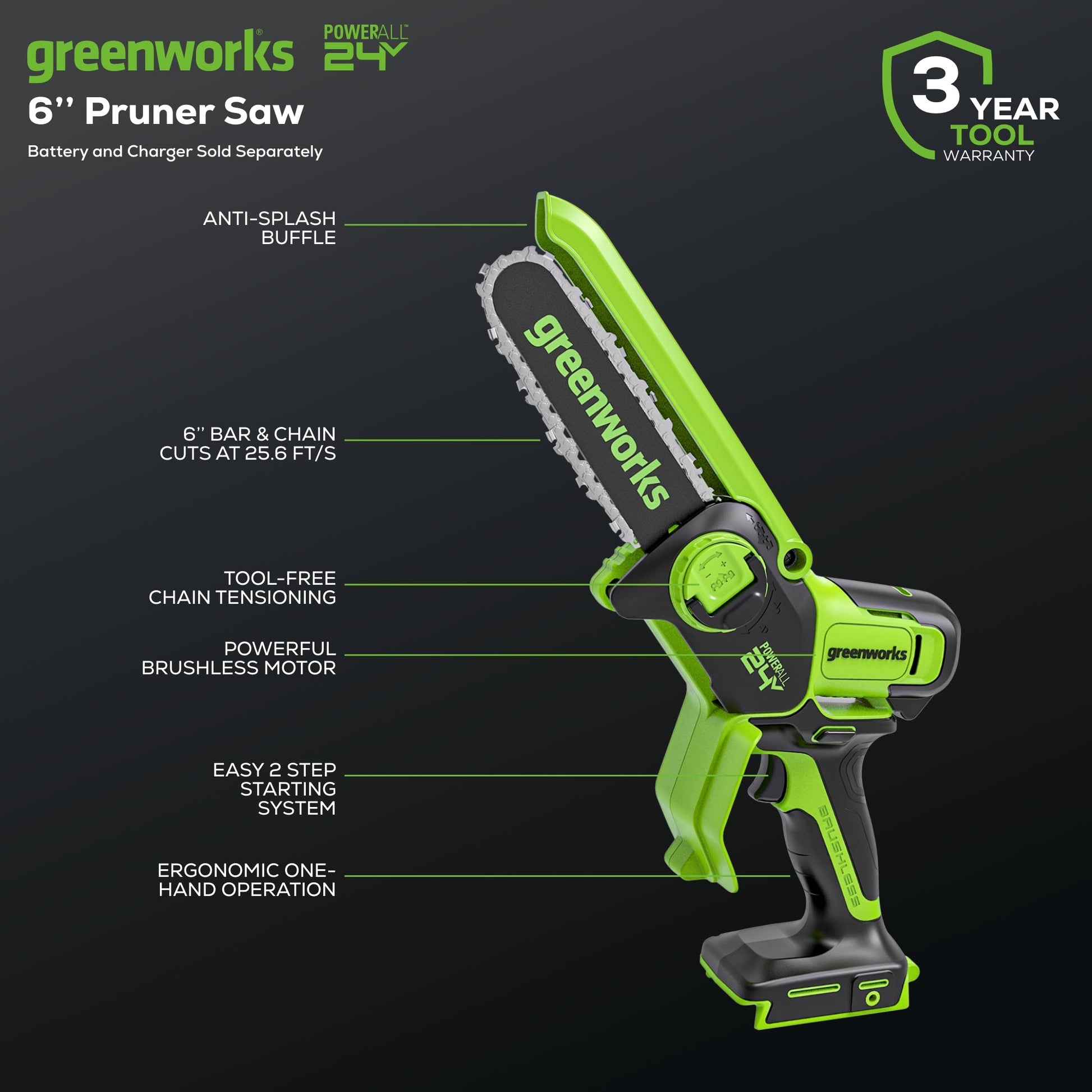 24V 6” Cordless Battery Brushless Pruner Saw (Tool Only)