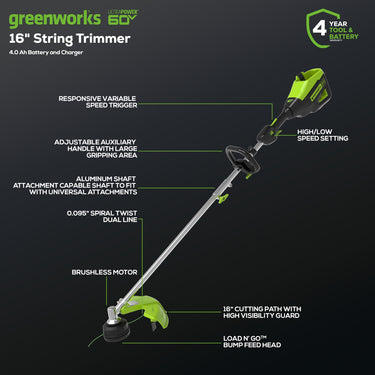 60V 16" Cordless Battery String Trimmer (Attachment Capable) w/ 4.0 Ah Battery & Charger