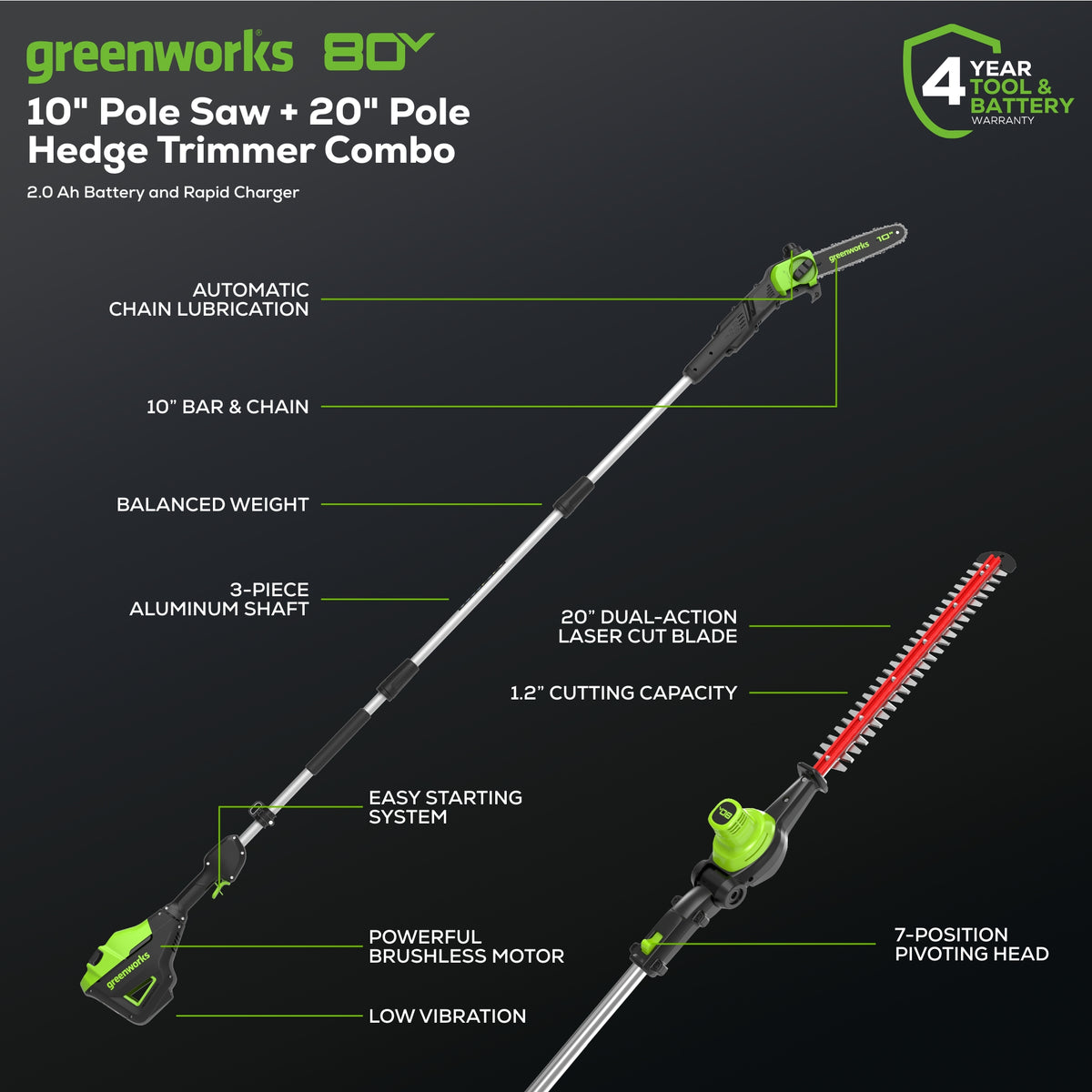 80V 20" Cordless Battery Pole Hedge and 10" Pole Saw Combo Kit: 2.0 Ah Battery and Rapid Charger