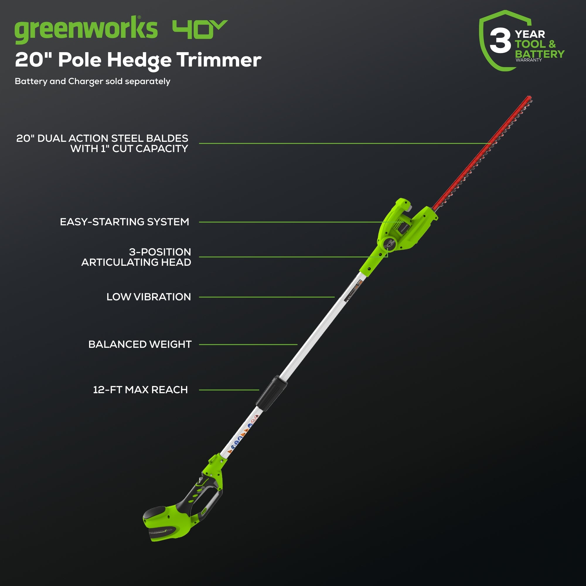 40V 20" Cordless Battery Pole Hedge Trimmer (Tool Only)