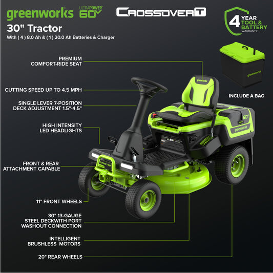 60V 30” CrossoverT Riding Lawn Tractor, Bagger Included w/ (4) 8.0Ah (1) 20.0Ah Batteries & 600-Watt Charger