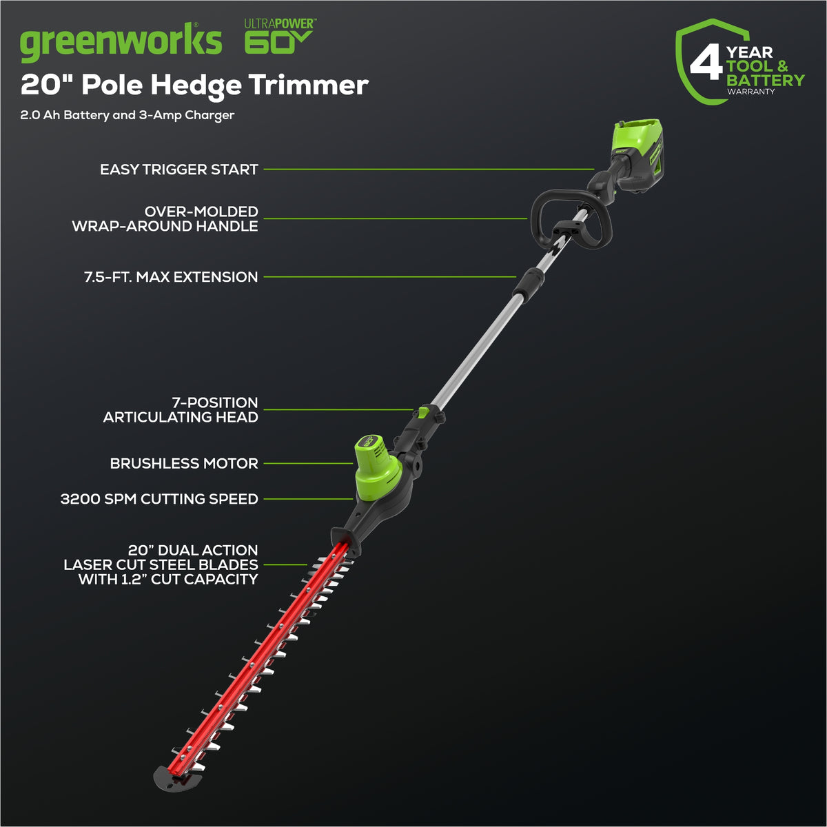 60V 20"  7-Position Cordless Battery Pole Hedge Trimmer w/ 2.0 Ah Battery & Charger