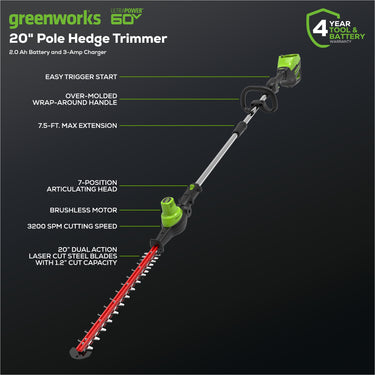 60V 20"  7-Position Cordless Battery Pole Hedge Trimmer w/ 2.0 Ah Battery & Charger