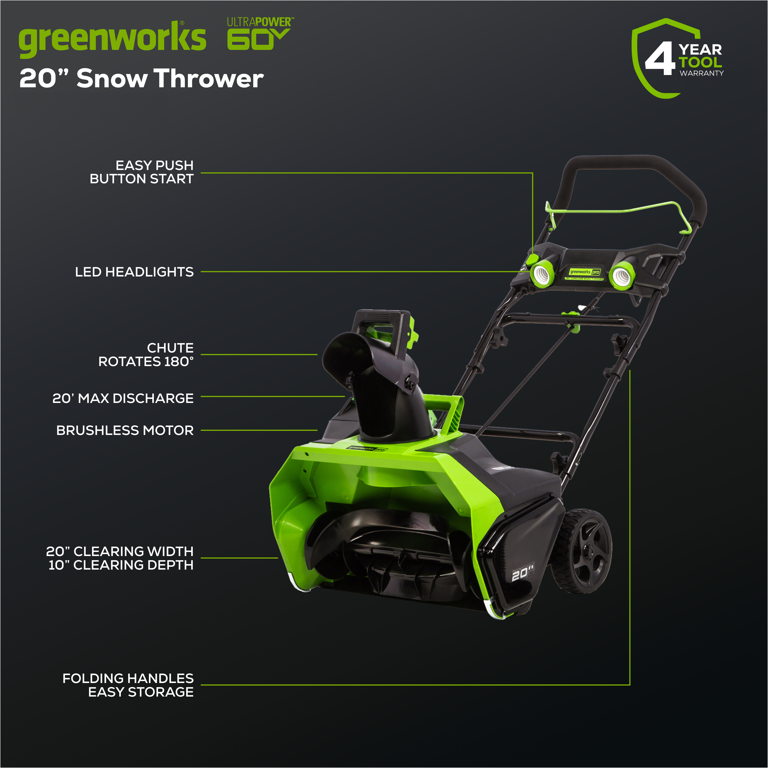 60V 20" Cordless Battery Single-Stage Snow Blower (Tool Only)