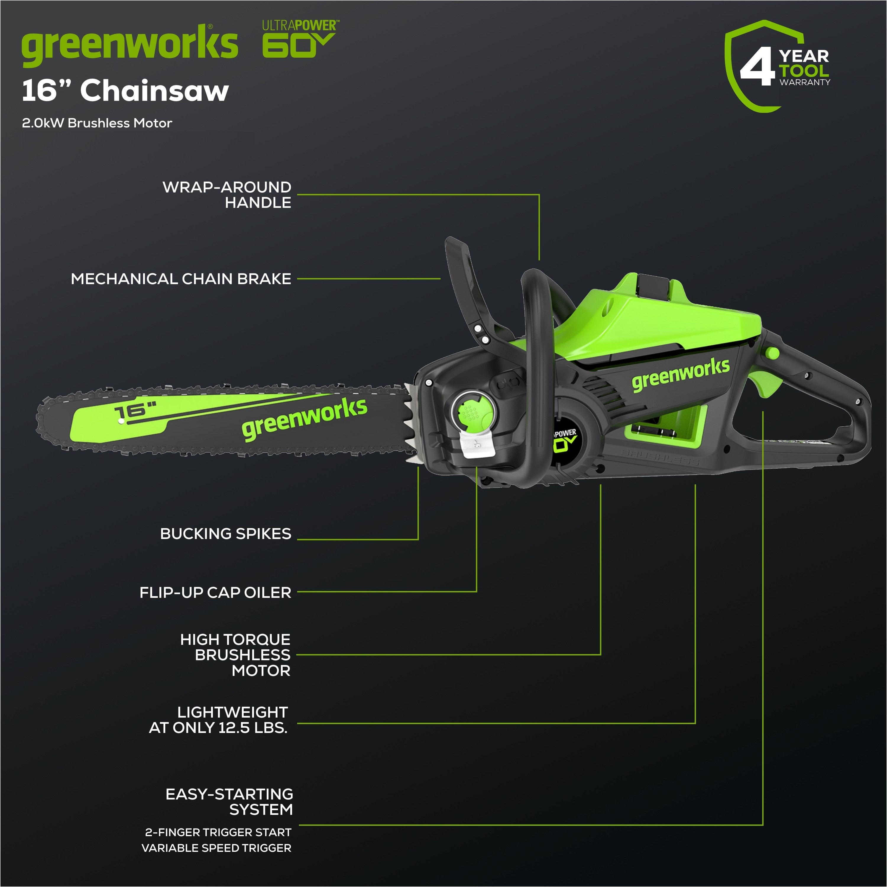 60V 16" Cordless Battery Chainsaw (Tool Only)