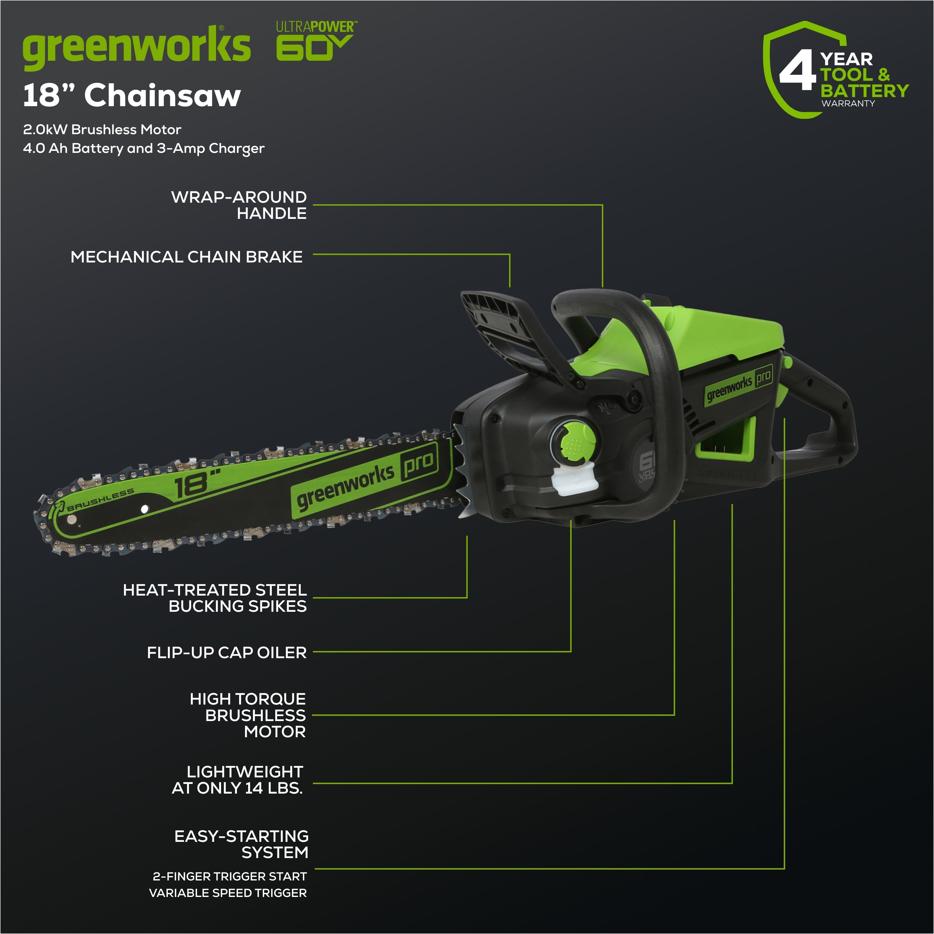 60V 18" Cordless Battery Chainsaw & 24V 6" Pruner Saw w/ (1) 4.0 Ah Battery, (1) 2.0 Ah Battery & (2) Chargers