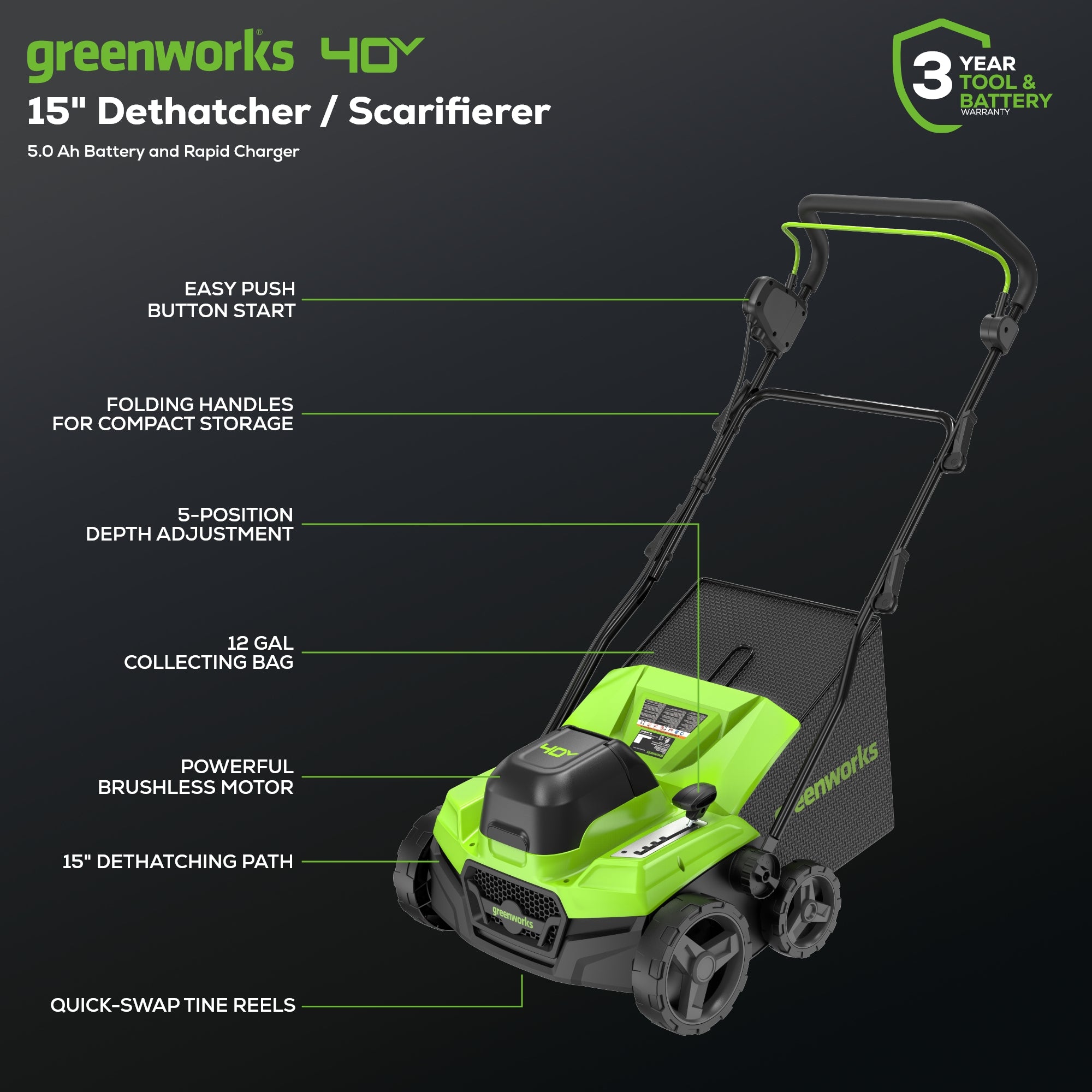 40V 15" Cordless Battery Brushless Dethatcher/Scarifier: 5.0Ah Battery and Rapid Charger