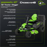 60V 42" Cordless Battery CrossoverT Riding Lawn Mower + Bagger w/ Six (6) 8.0Ah Batteries and Three (3) Dual Port Turbo Chargers