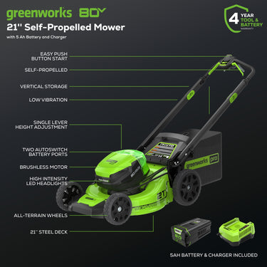 80V 21" Cordless Battery 4-in-1 Self-Propelled Lawn Mower w/ 5.0Ah Battery & Rapid Charger