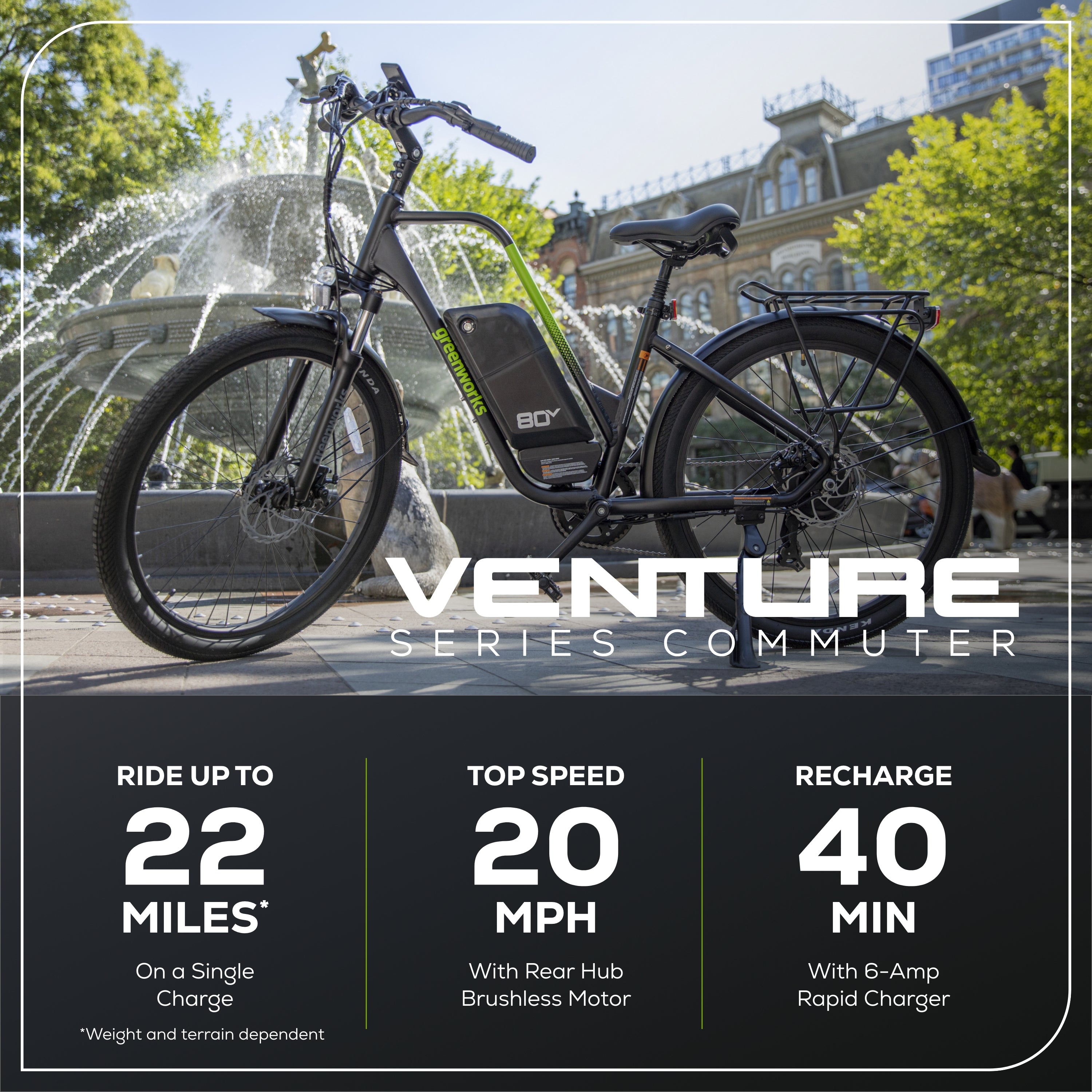 electric bicycle pedal recharge Greenworks 80V Venture Series 27.5” Electric Commuter Bike w/ 4Ah Battery and Charger