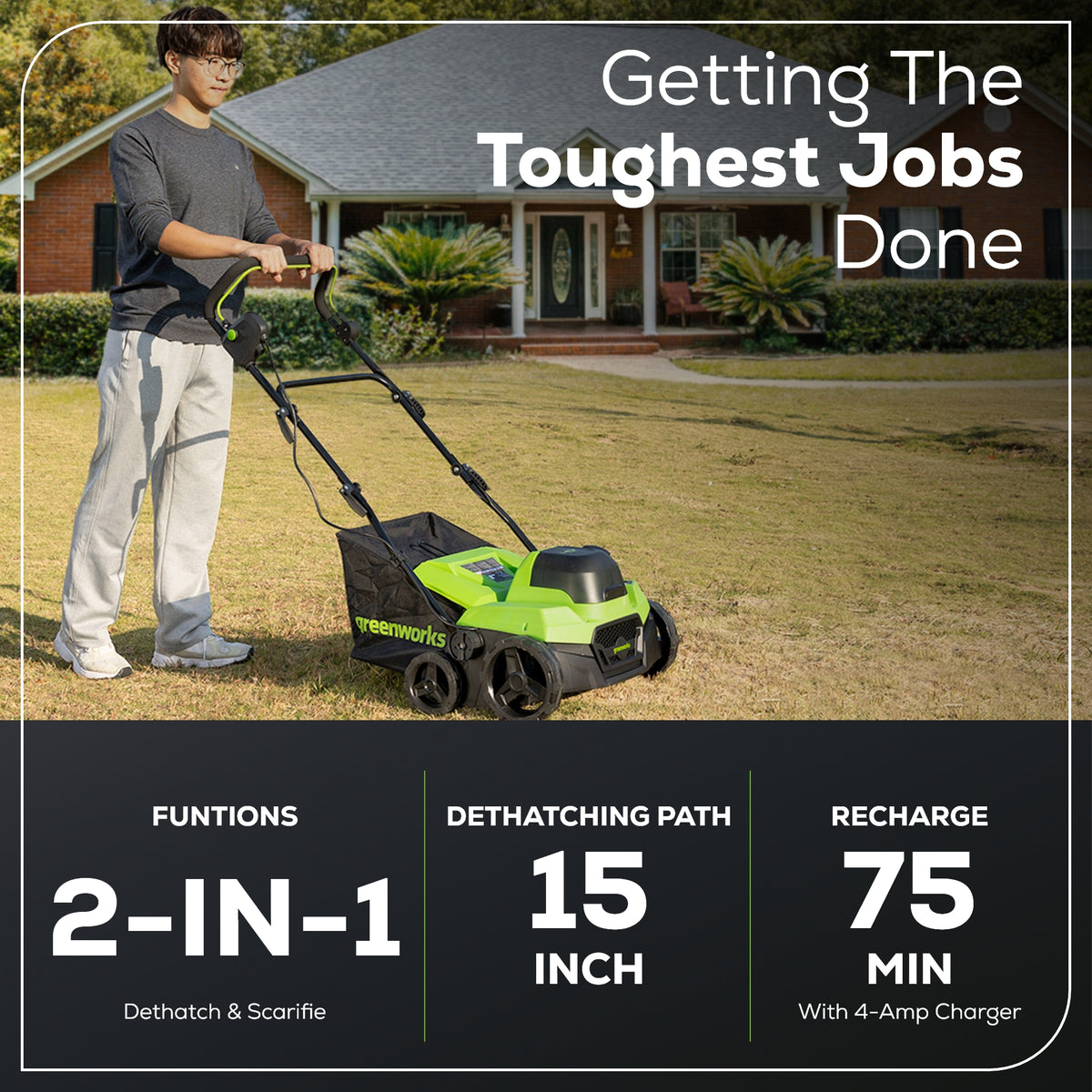 40V 15" Cordless Battery Brushless Dethatcher/Scarifier: 5.0Ah Battery and Rapid Charger