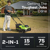 40V 15" Cordless Battery Brushless Dethatcher/Scarifier: 5.0Ah Battery and Rapid Charger