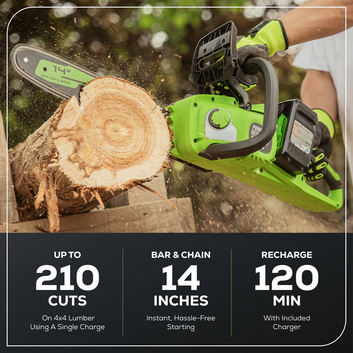 48V (24V x 2) 14" Cordless Battery Chainsaw: (2) 4.0 Ah USB Batteries and Dual-Port Charger