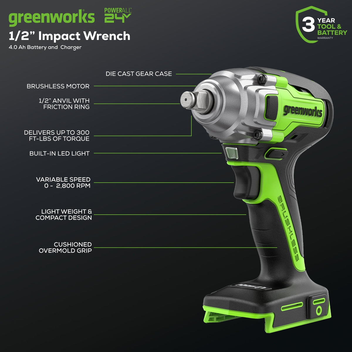 24V Cordless Battery Tire Change 3-pc Combo Kit: 4.0 Ah Battery and Charger