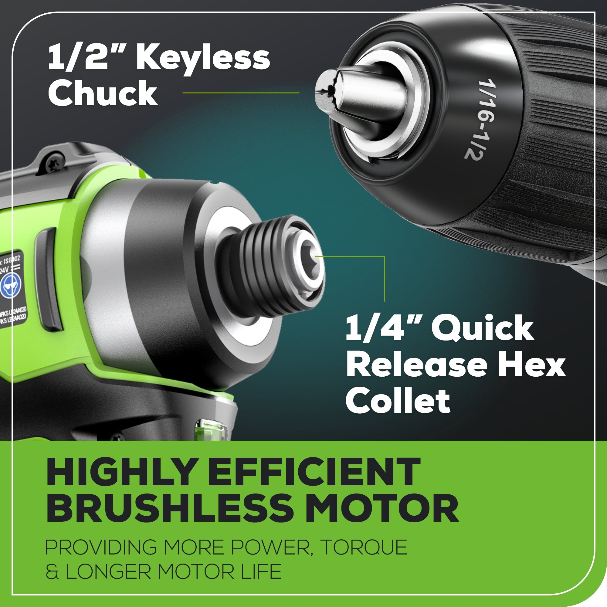 24V Brushless 1/2” Drill / Driver, 1/4” Hex Impact Driver, 8 pcs Bit Set & Bag Kit w/ (2) 2Ah Batteries & Charger