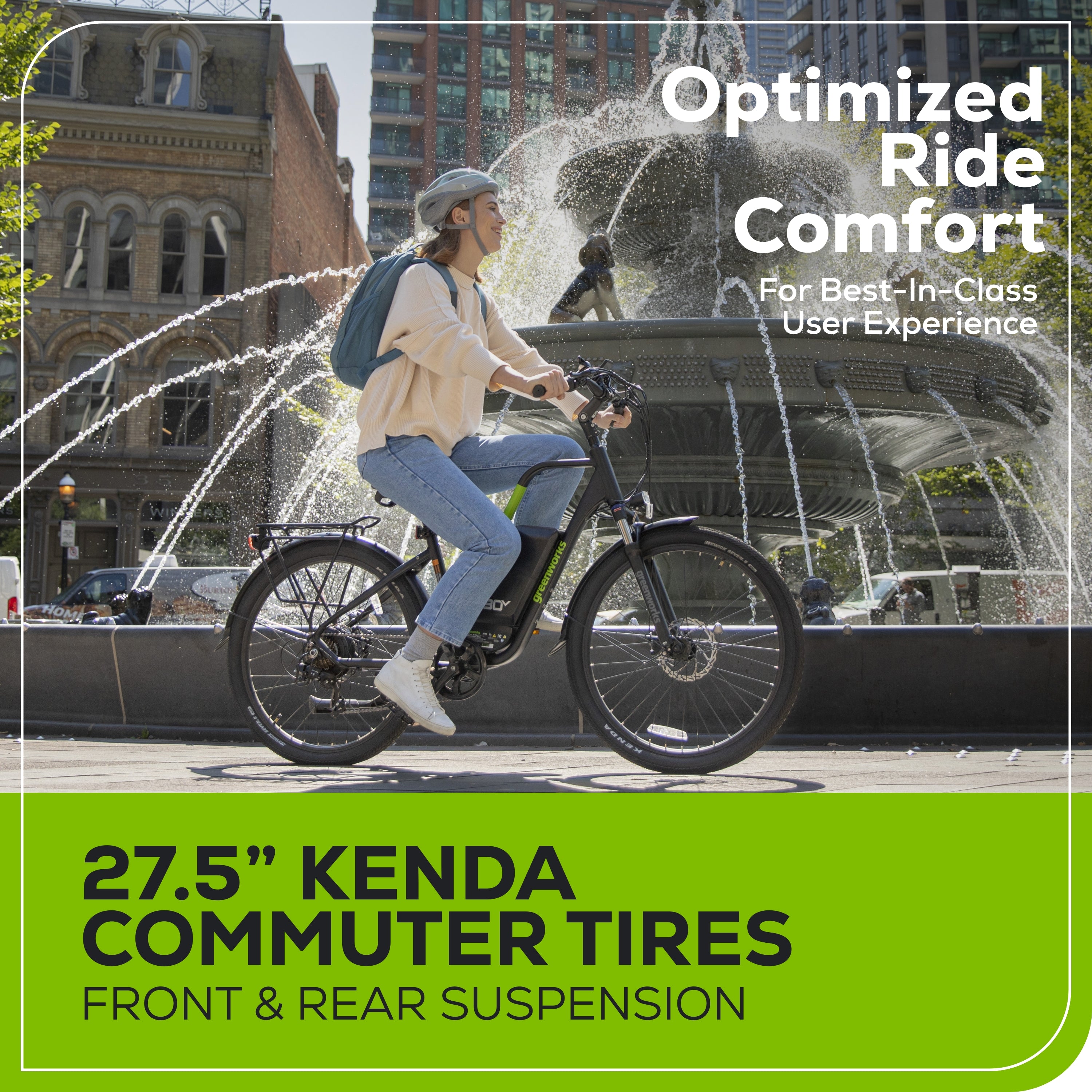 greenworks electric bicycle 80V 26" (All-Terrain) Fat Tire Mountain Bike for Adults (Brushless Rear Hub Motor), 7-Speed, Up to 20 MPH, Dual Disc Brakes, Pedal Assist with 4Ah Battery and Rapid while the integrated battery and front / rear lights provide safety and visibility as you travel 80V VENTURE Series 27.5" Electric