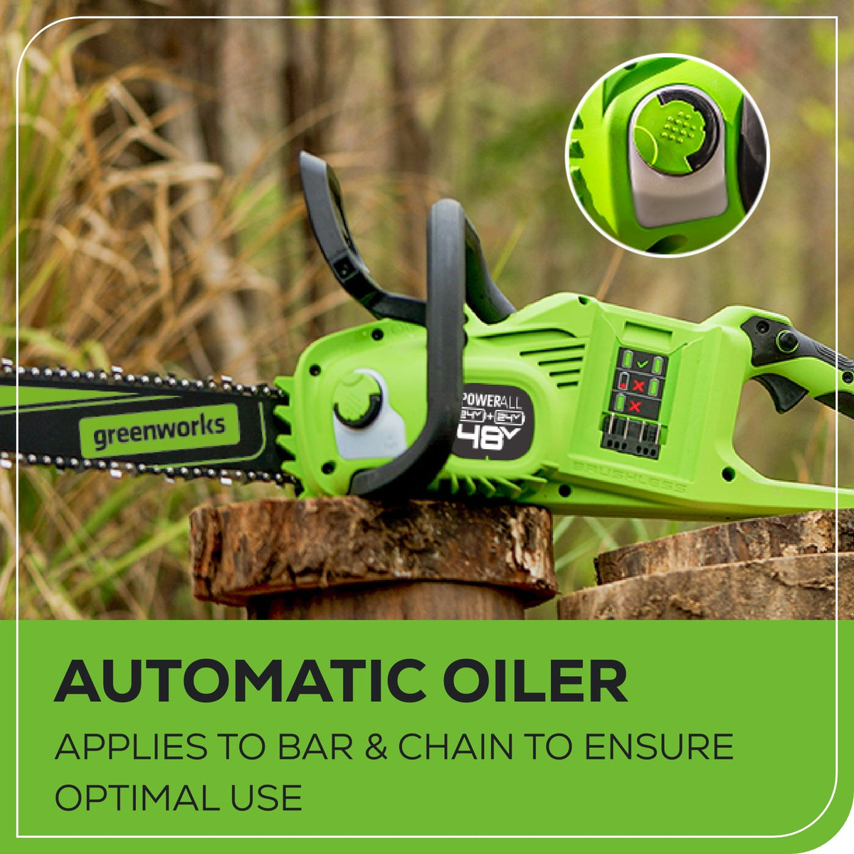 48V (24V x 2) 14" Cordless Battery Chainsaw: (2) 4.0 Ah USB Batteries and Dual-Port Charger