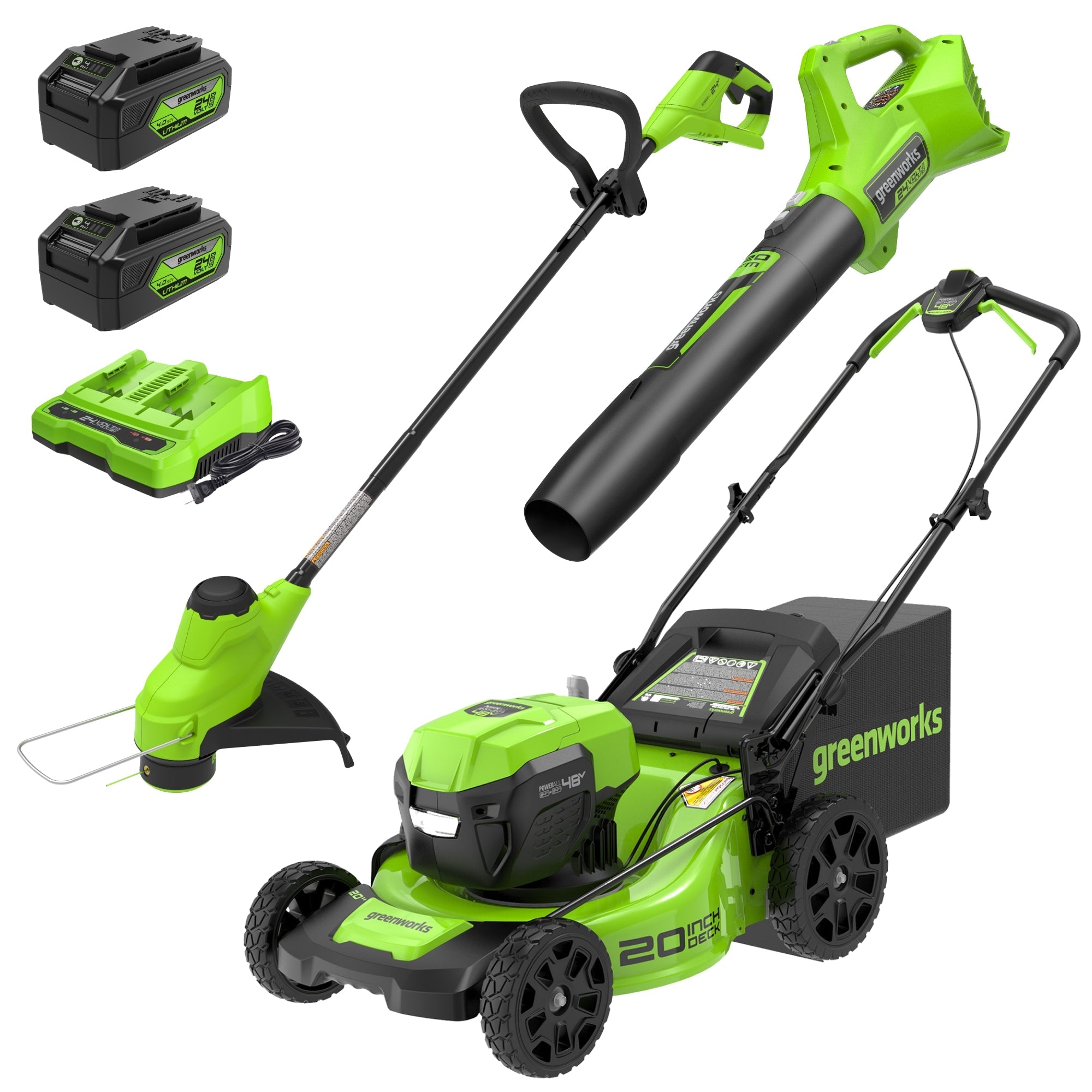48V (24V x 2) 20" Cordless Battery Push Mower 3pc Combo Kit w/ (2) 4.0Ah Batteries & Dual Port Chargers