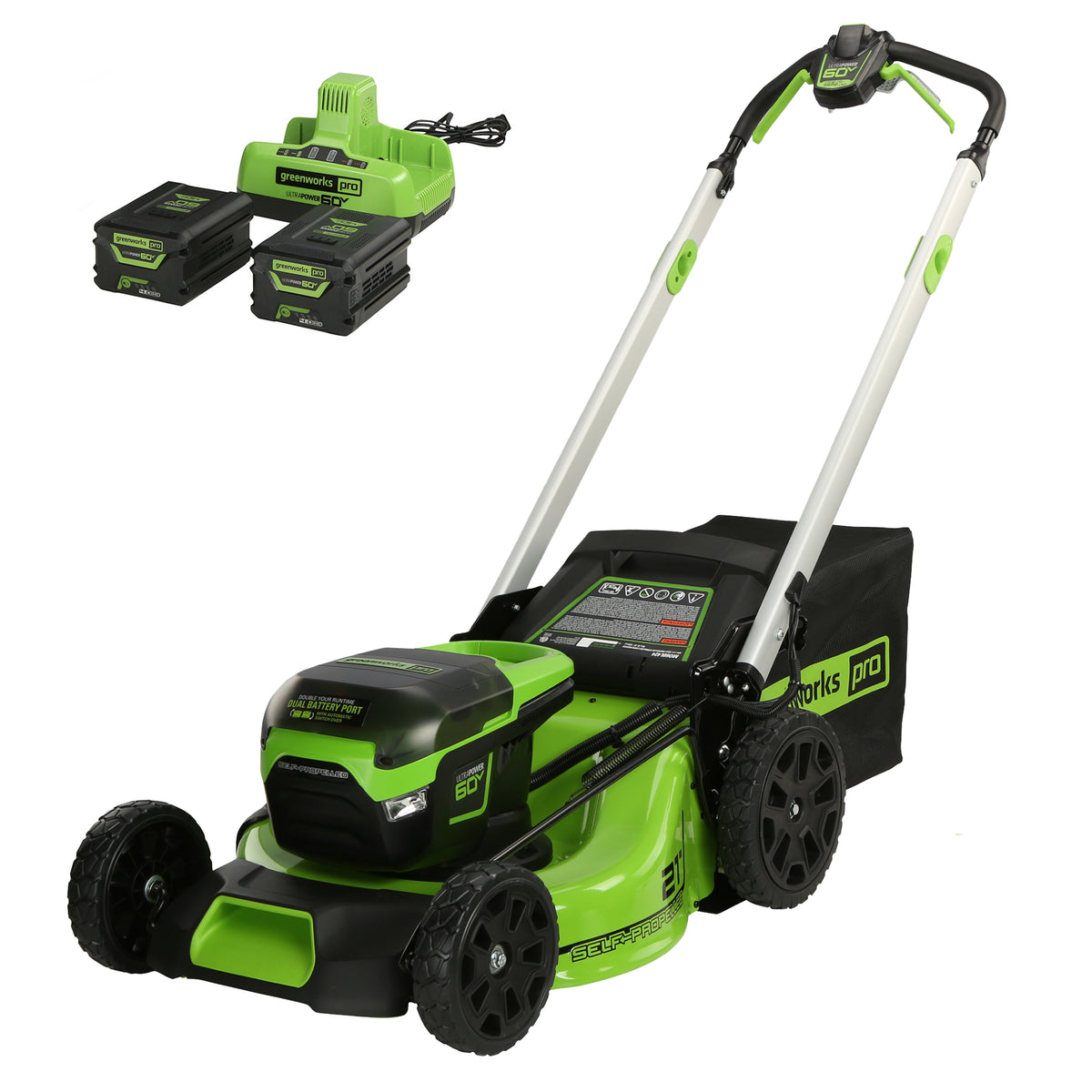 60V 21'' Self Propelled Lawn Mower & (2) 4.0 Ah Batteries | Greenworks ...