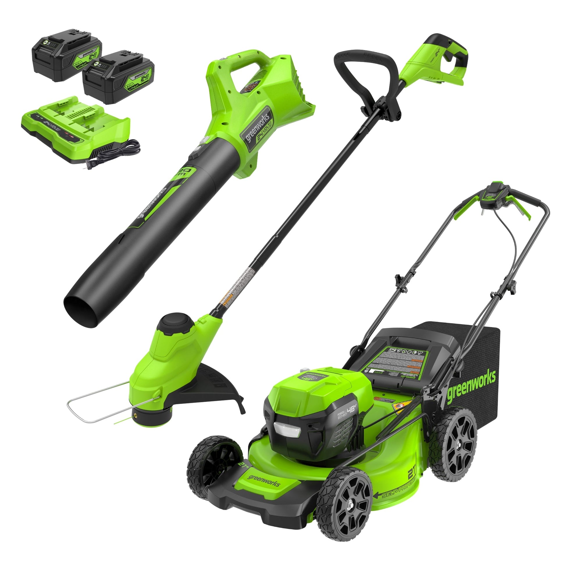 RENEWED 48V (24V x 2) 21" Cordless Battery Self-Propelled Mower, 12" String Trimmer & 320 CFM Blower Combo Kit w/ (2) 5.0Ah Batteries & Chargers