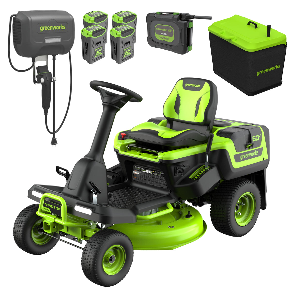 60V 30” CrossoverT Riding Lawn Tractor, Bagger Included w/ (4) 8.0Ah (1) 20.0Ah Batteries & 600-Watt Charger