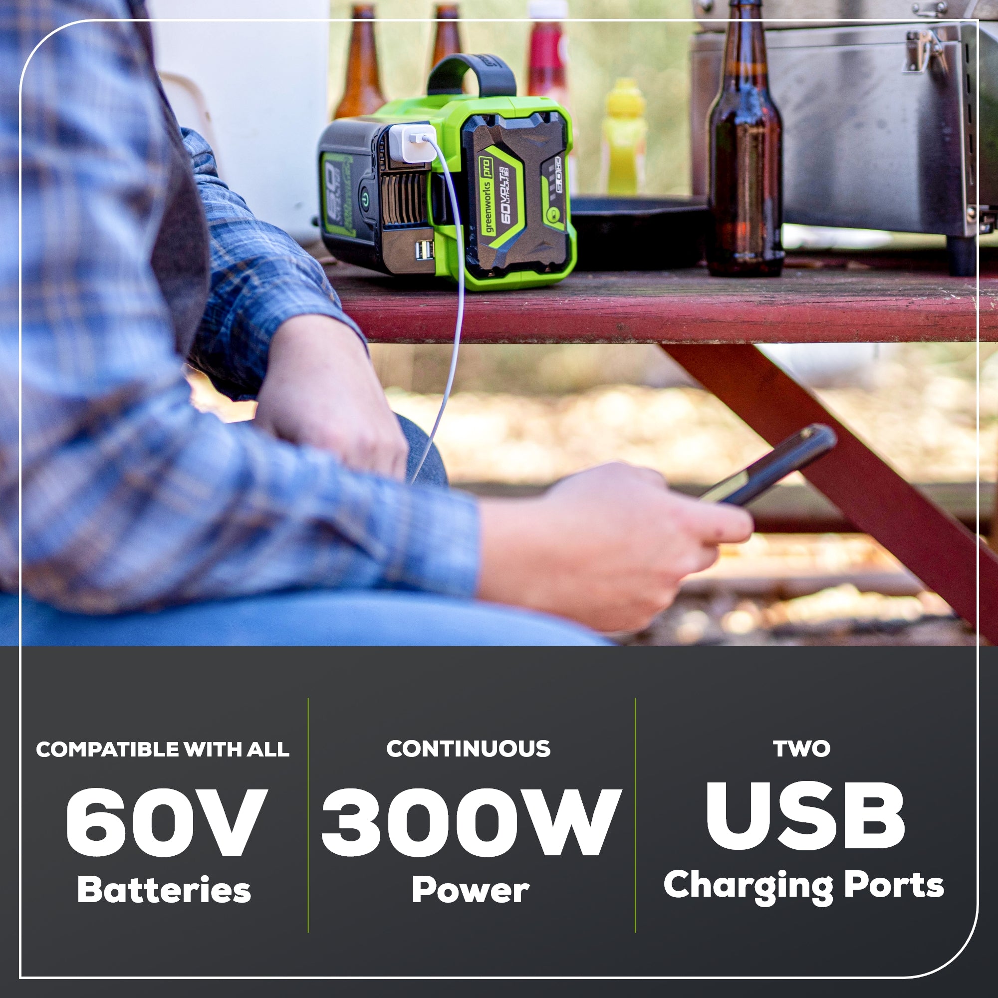 60V Cordless Battery 300 Watt Power Inverter w/ 2.0Ah Battery & Charger
