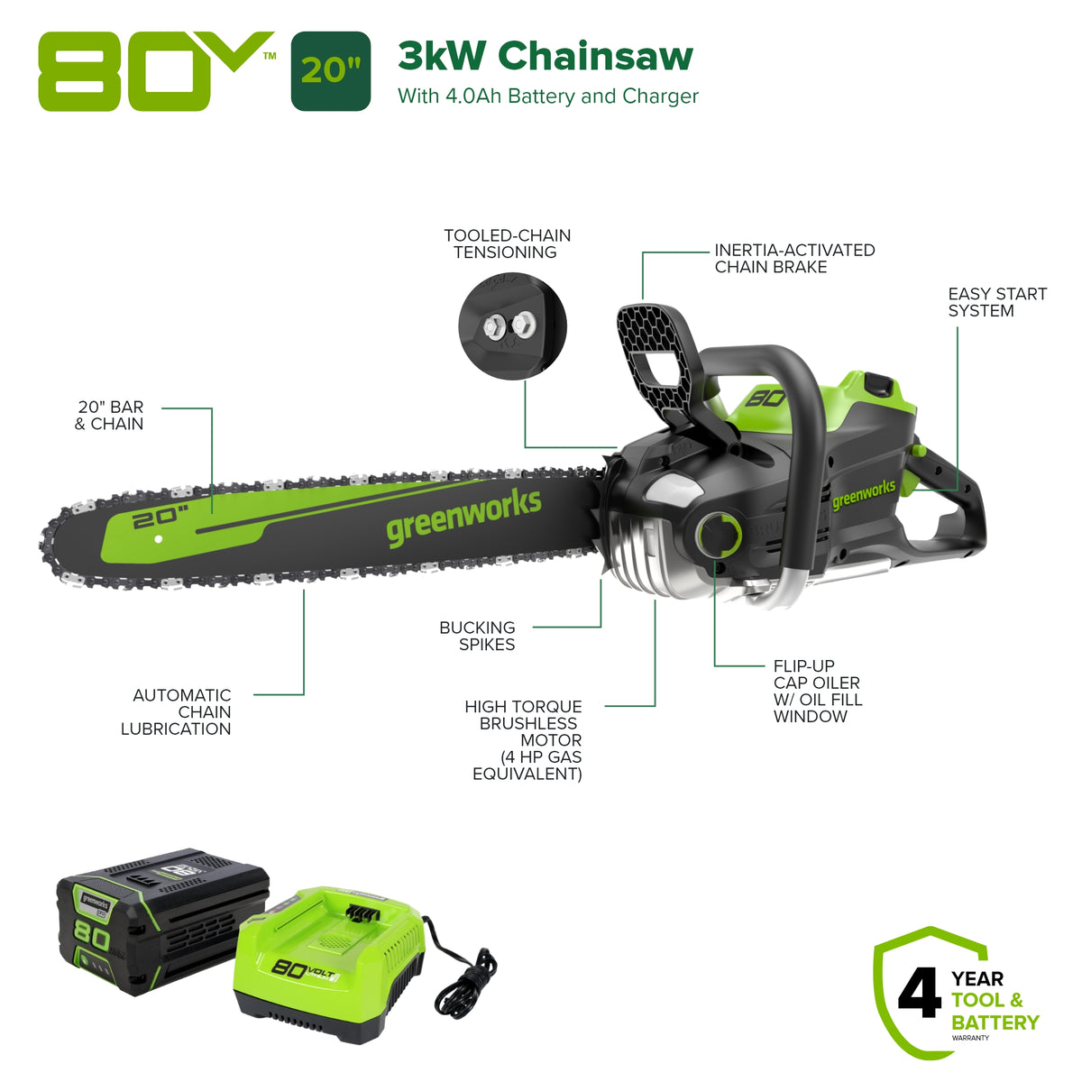 80V 20" Cordless Battery Chainsaw w/ 4.0Ah Battery & Charger