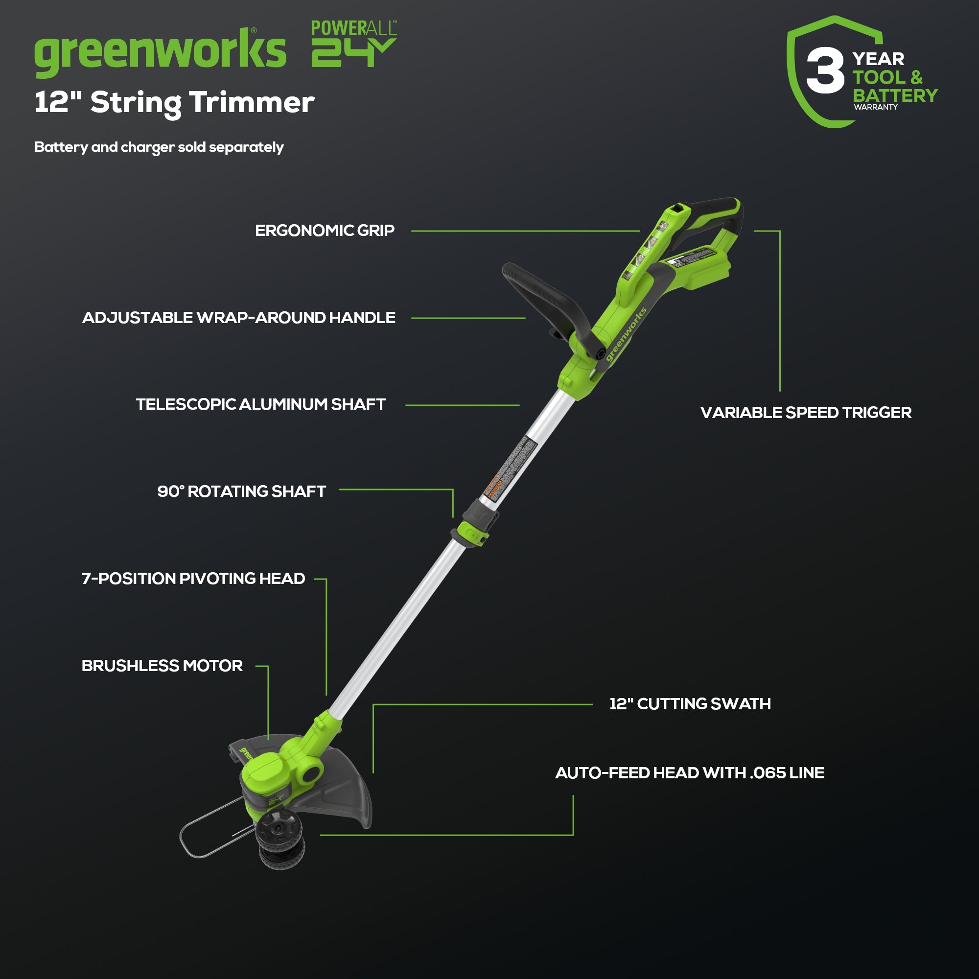 24V 12" Cordless Battery String Trimmer & Edger (Tool Only)