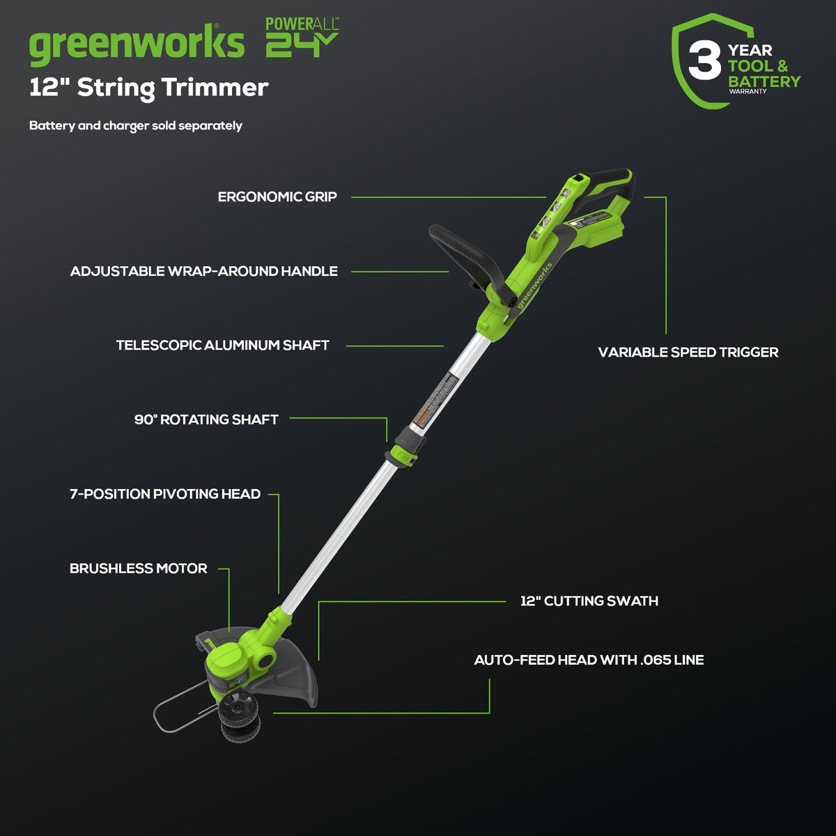 24V 12" Cordless Battery String Trimmer and Edger (Tool Only)