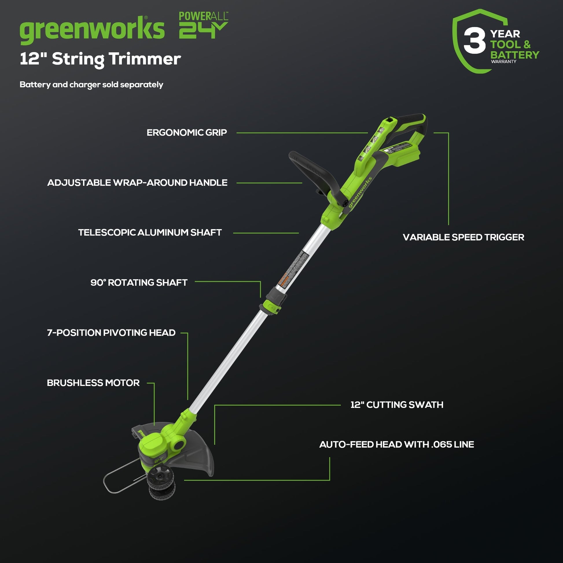 24V 12" Cordless Battery String Trimmer & Edger (Tool Only)